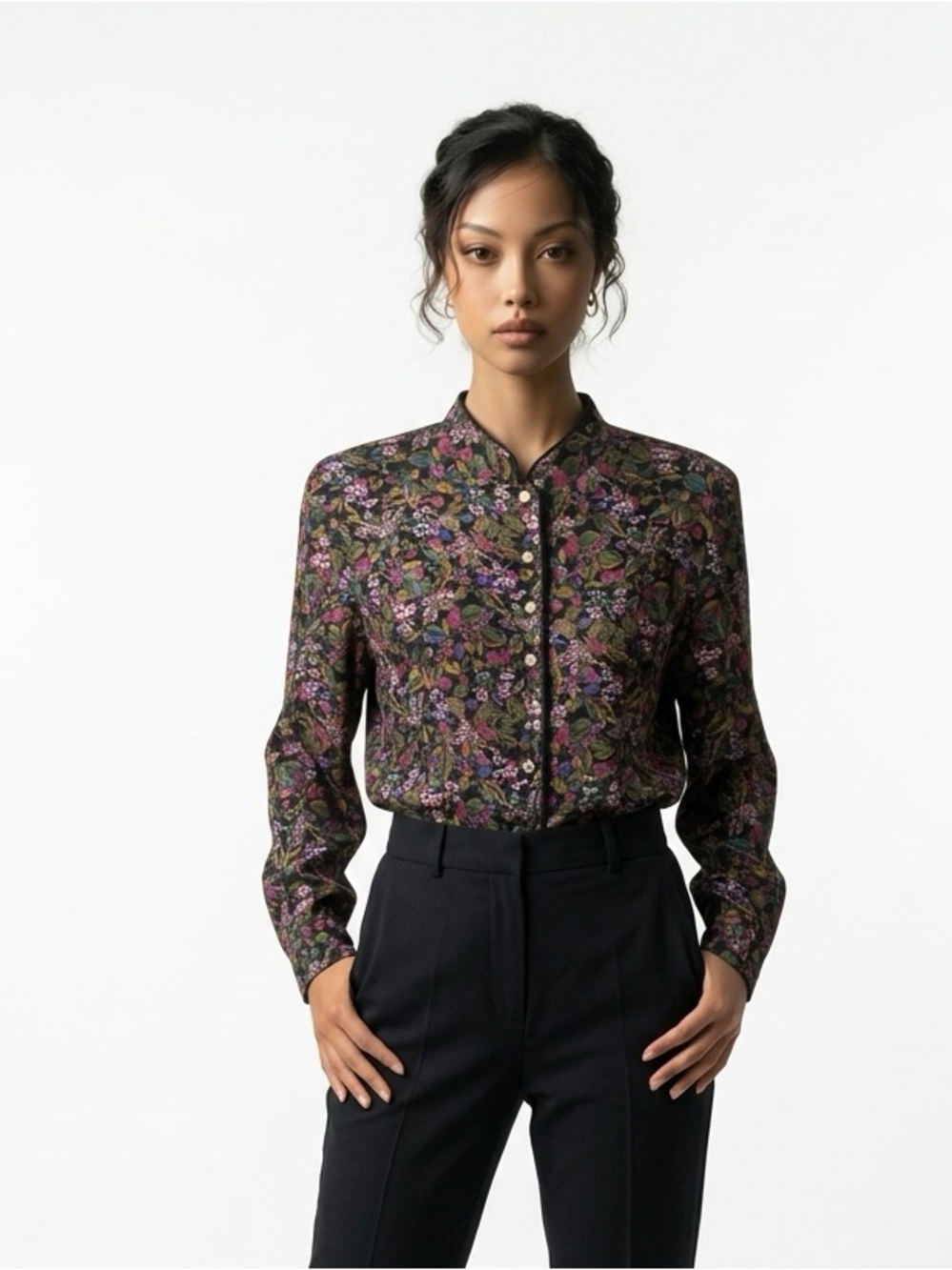 Doncaster Black Floral Button-Front Blouse with Pearl-Style Buttons Size 8